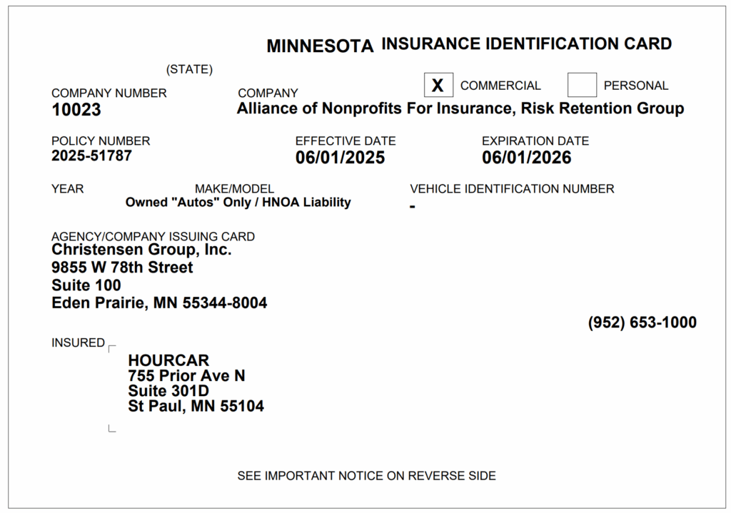 Digital copy of HOURCAR's motor vehicle insurance card